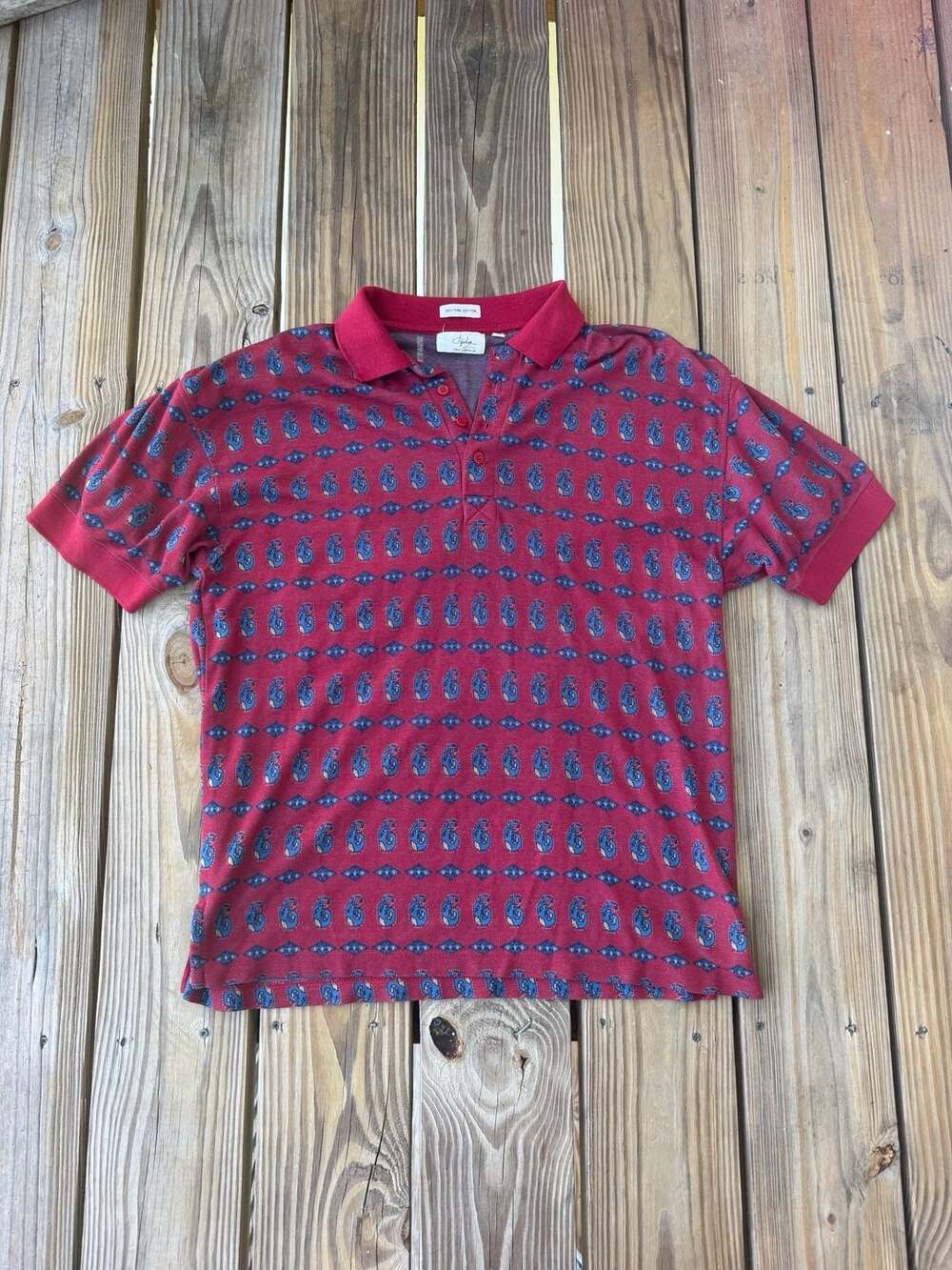 Ted Lapidus Vintage Red Blue All Over Paisley Print Pima Cotton Polo